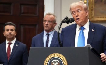 Donald Trump speaking at presidential podium with two offici