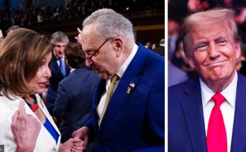 Nancy Pelosi and Chuck Schumer talking with Donald Trump smi
