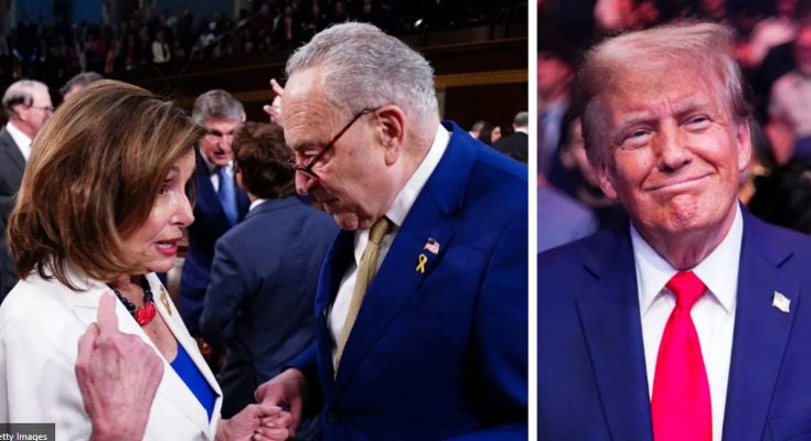 Nancy Pelosi and Chuck Schumer talking with Donald Trump smi