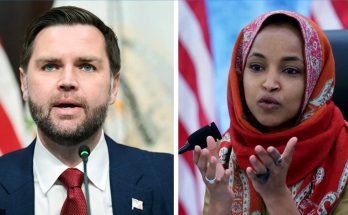 Split image of JD Vance speaking at microphone and Ilhan Oma