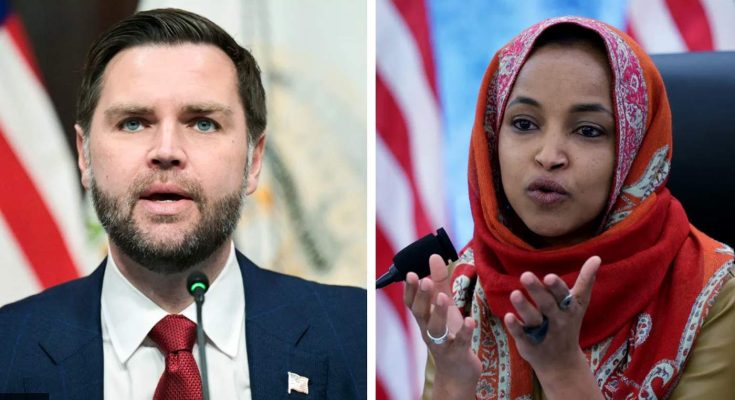 Split image of JD Vance speaking at microphone and Ilhan Oma
