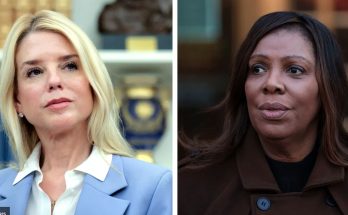 Split image showing two women side by side. On the left, a blonde woman in a light blue