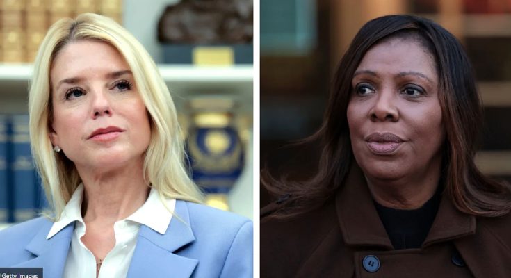 Split image showing two women side by side. On the left, a blonde woman in a light blue