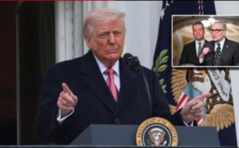 Former President Trump speaking at podium with inset image