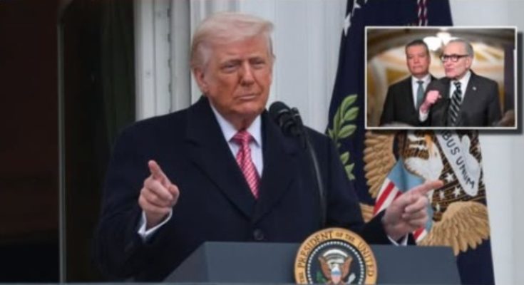 Former President Trump speaking at podium with inset image