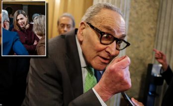 Chuck Schumer speaking to reporters in a hallway, with an inset image of Nancy Pelosi in
