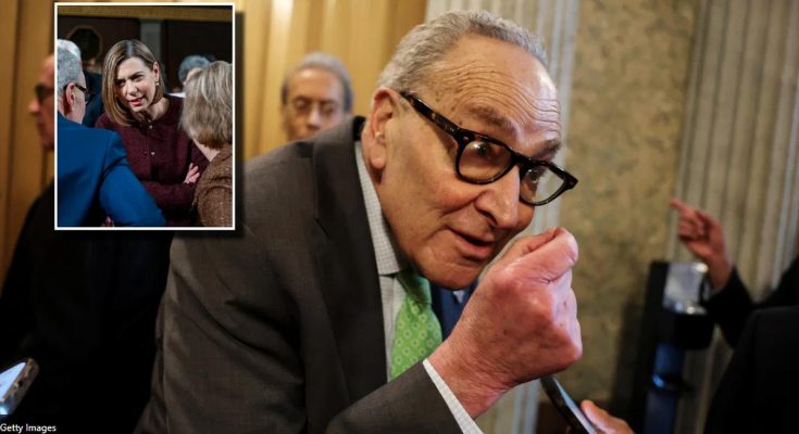 Chuck Schumer speaking to reporters in a hallway, with an inset image of Nancy Pelosi in