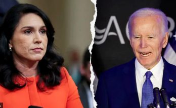 Split image showing Tulsi Gabbard in an orange outfit on the left and Joe Biden in a
