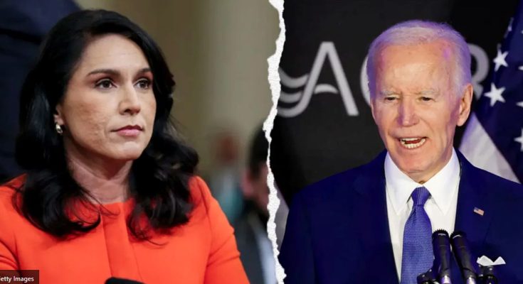 Split image showing Tulsi Gabbard in an orange outfit on the left and Joe Biden in a