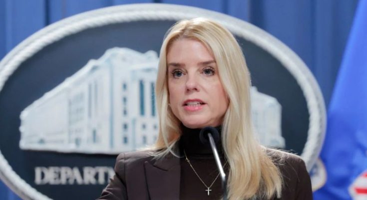 Pam Bondi speaks at DOJ podium