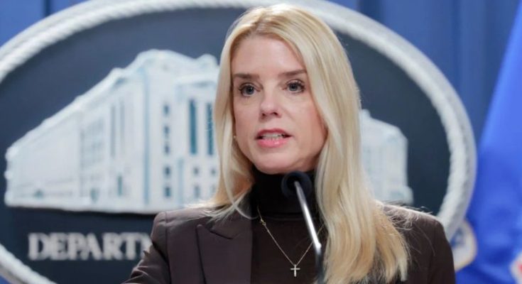 Pam Bondi speaks at DOJ podium