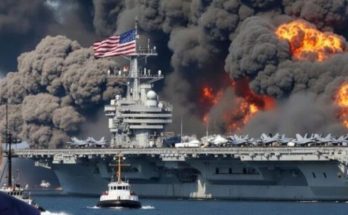 Burning US aircraft carrier