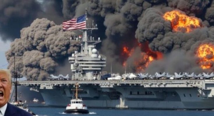 Burning US aircraft carrier