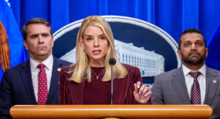 Pam Bondi speaks at DOJ podium