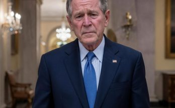 former President George W. Bush wearing navy suit and blue tie in ornate White House