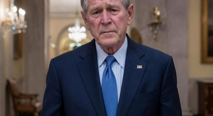 former President George W. Bush wearing navy suit and blue tie in ornate White House
