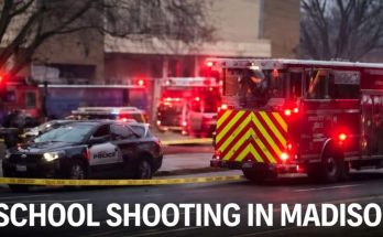 police car and fire truck at crime scene with yellow tape near school building