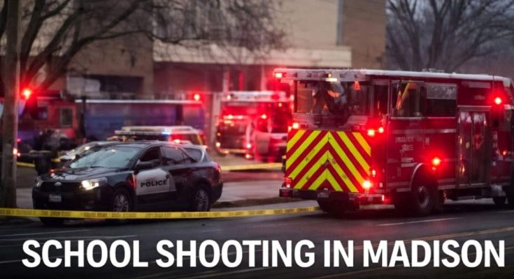 police car and fire truck at crime scene with yellow tape near school building