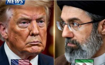 split-screen composite shows Donald Trump and Iranian Supreme Leader Ali Khamenei facing