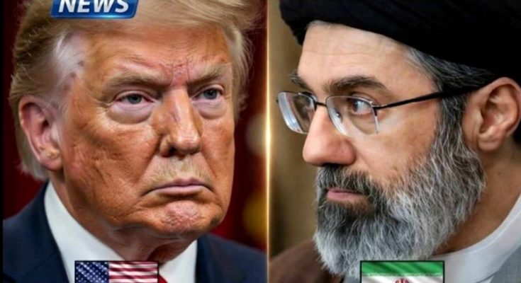split-screen composite shows Donald Trump and Iranian Supreme Leader Ali Khamenei facing
