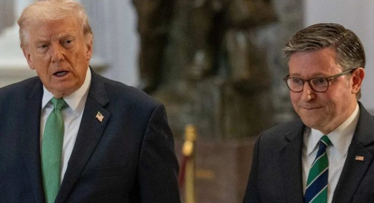 donald Trump and Mike Johnson walk side by side in formal suits with serious expressions