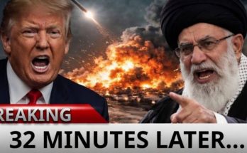 donald Trump and Ayatollah Khamenei with missile explosion background and breaking news
