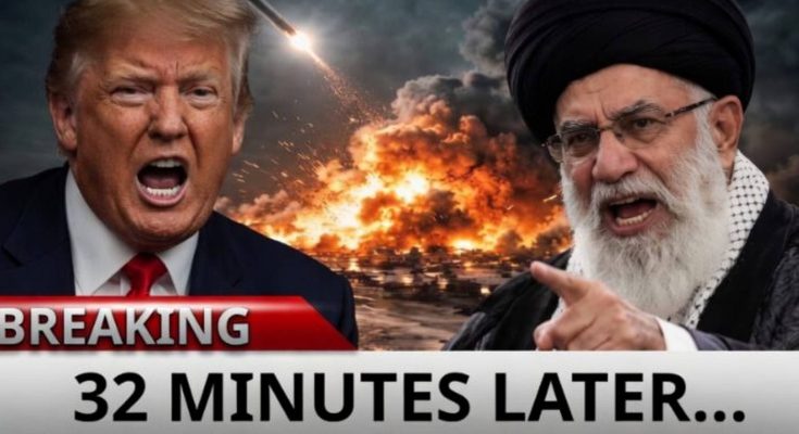 donald Trump and Ayatollah Khamenei with missile explosion background and breaking news