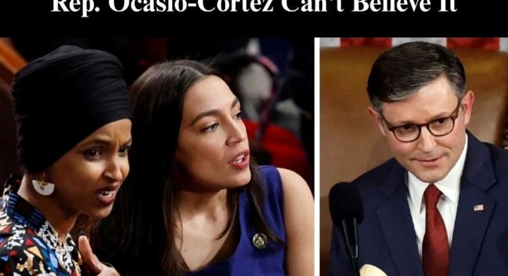 split image showing Rep. Ilhan Omar and Rep. Alexandria Ocasio-Cortez together on left