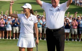 golfers celebrate victory on green with cheering crowd wearing Trump logo shirts