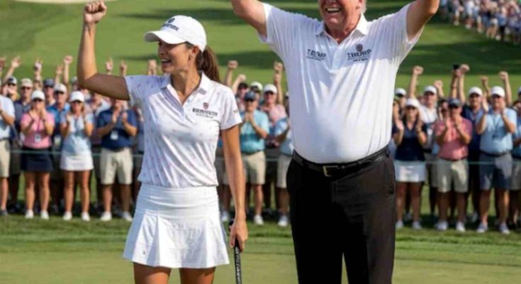 golfers celebrate victory on green with cheering crowd wearing Trump logo shirts
