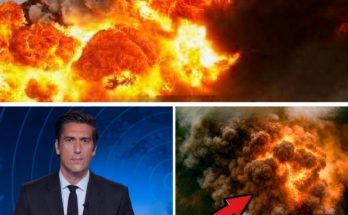news anchor in studio with massive fiery explosion graphics and red arrow pointing to