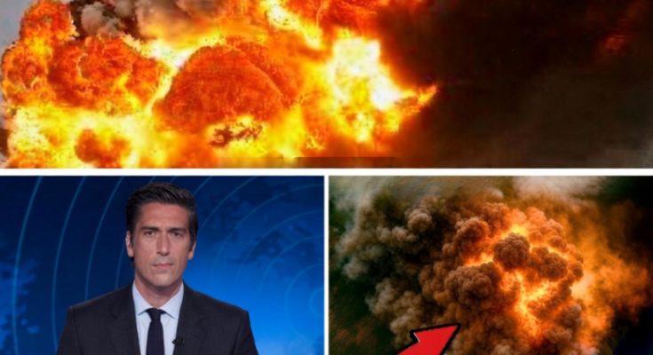 news anchor in studio with massive fiery explosion graphics and red arrow pointing to