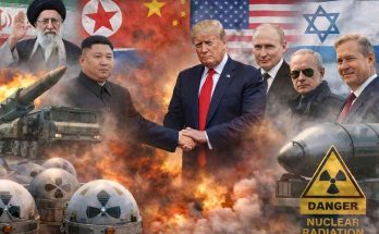 donald Trump shakes hands with Kim Jong Un amid nuclear missiles, world flags, and