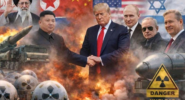 donald Trump shakes hands with Kim Jong Un amid nuclear missiles, world flags, and