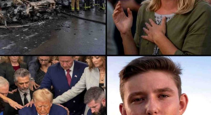 four-panel image showing plane crash wreckage with firefighters, crying blonde woman