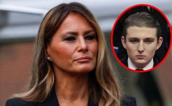 melania Trump with serious expression outdoors, inset image of Barron Trump in red circle