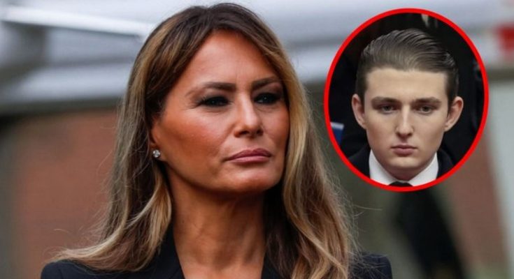 melania Trump with serious expression outdoors, inset image of Barron Trump in red circle