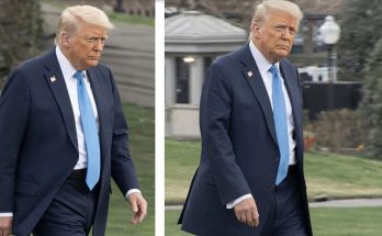 donald Trump walking on White House grounds wearing navy suit and light blue tie with