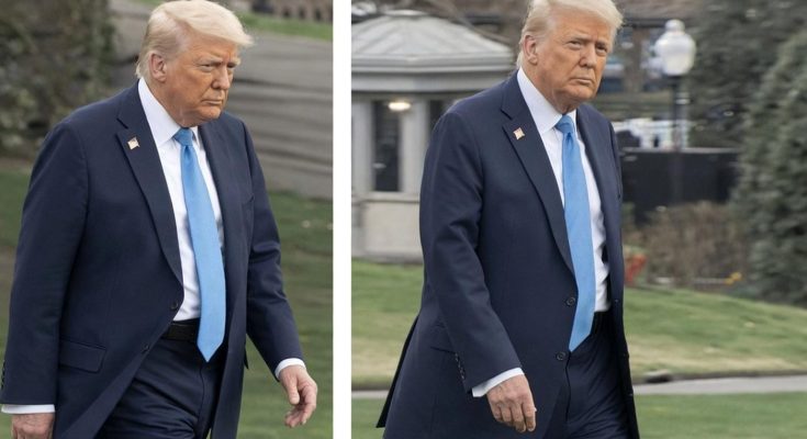 donald Trump walking on White House grounds wearing navy suit and light blue tie with
