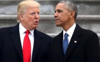 former President Barack Obama and former President Donald Trump stand side by side on