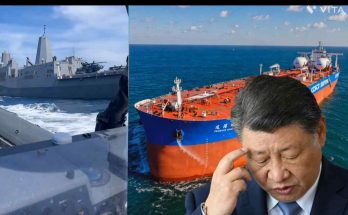 naval warship, COSCO tanker vessel, and suited political figure with hand to forehead