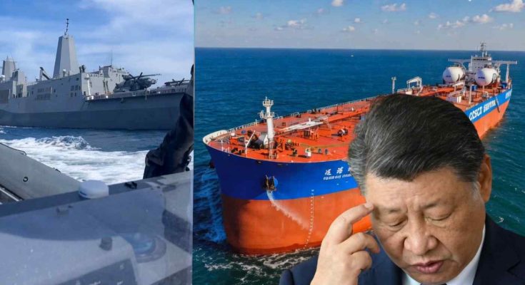 naval warship, COSCO tanker vessel, and suited political figure with hand to forehead