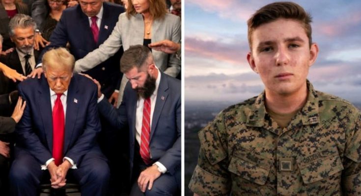 donald Trump with hands clasped receiving prayer from circle of supporters beside
