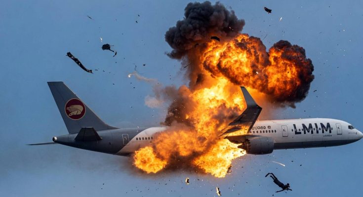 commercial jet with LMIM livery explodes mid-air, sending debris and flames across clear