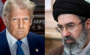 split portrait showing Donald Trump in blue suit and Iranian cleric in black turban and