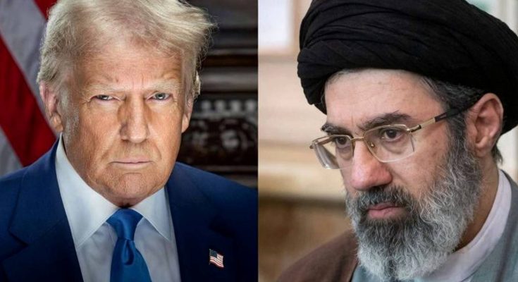 split portrait showing Donald Trump in blue suit and Iranian cleric in black turban and