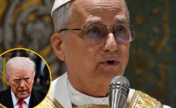 pope Francis speaking at microphone with inset image of Donald Trump