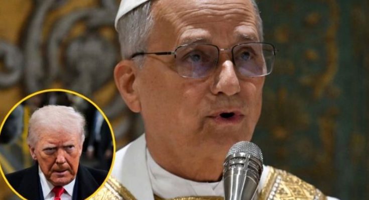 pope Francis speaking at microphone with inset image of Donald Trump
