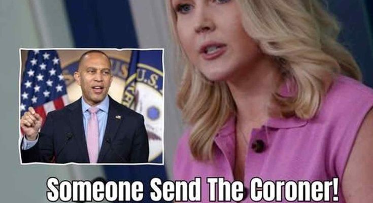 white House press secretary Karoline Leavitt speaks at podium with inset image of Rep