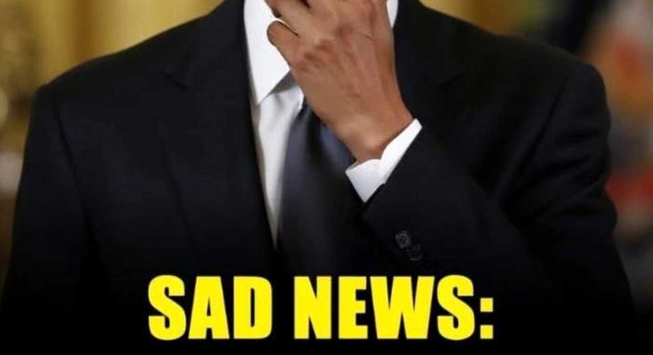 barack Obama wiping tears from his eyes with headline text reading Sad News in yellow